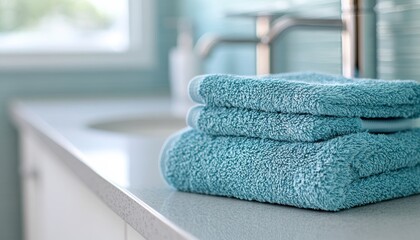 Freshly Laundered Soft Blue Towels Stacked on a Bathroom Counter, Offering a Spa Ambiance.
