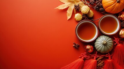 Festive Flat Lay Design for Chinese New Year Celebrations Featuring Teacups, Decorative Elements, and Traditional Symbols of Good Luck and Prosperity