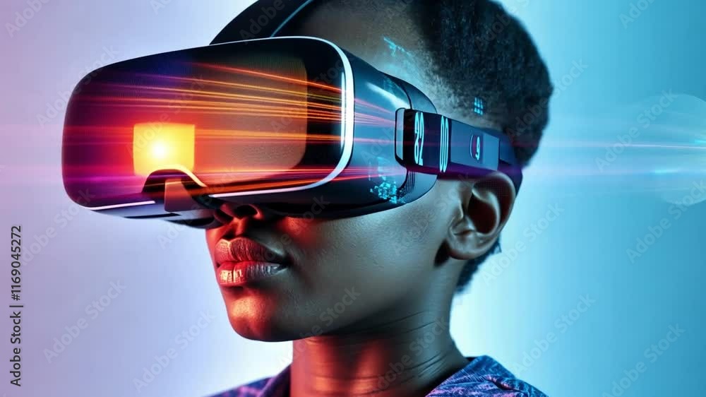 Poster exploring virtual reality with advanced headset technology and immersive experiences