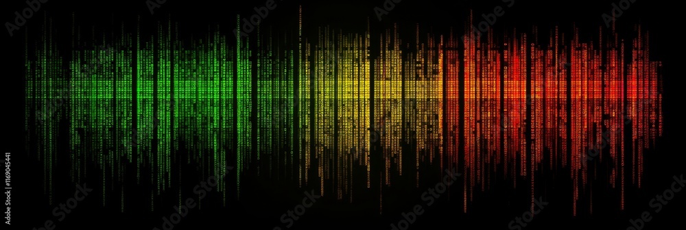 Poster digital rain of colorful shimmering text on black, technology code data flowing background.