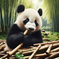 Fototapeta premium A playful panda munching on bamboo in its natural habitat, surrounded by a dense bamboo forest, showcasing the peaceful lifestyle of these gentle creatures.