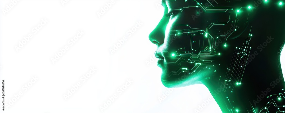 Poster human profile with embedded digital circuits and glowing lights, representing artificial intelligenc