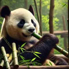 Fototapeta premium A giant panda savoring bamboo in a natural forested environment, showing its peaceful and calm nature as it enjoys its favorite food.