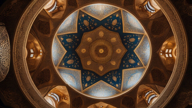 a stunning photograph of a mosque ceiling (plafon) adorned with elegant Ramadan-themed decorations