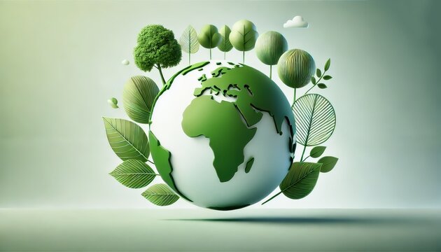 A  concept representing sustainability. The Earth is depicted as a vibrant green globe where continents are replaced by leaves or trees.