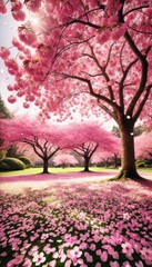 Naklejka premium A beautiful park featuring several cherry blossom trees in full bloom. Soft pink petals gently fall from the trees.