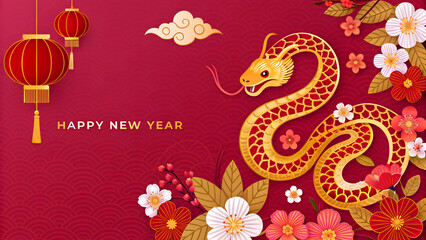 Chinese banner, Happy New Year 2025 poster. Snake silhouette icon, 3d flowers, asian clouds on red background.