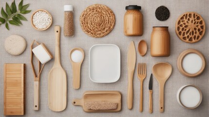 Elegant Arrangement of Natural Kitchenware and Ingredients on a Textured Surface for Sustainable Living Enthusiasts and Culinary Inspiration