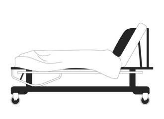 Hospital bed with blanket black and white 2D line object. Medical furniture adjustable backrest. Healthcare facility equipment isolated clip art vector outline item. Monochromatic spot illustration