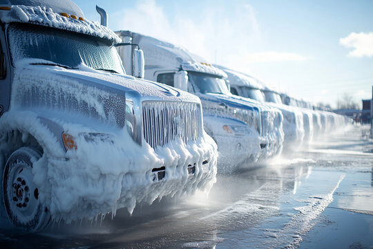 Fleet of delivery trucks undergoing thorough cleaning with foam and water in commercial truck wash area during sunny weather