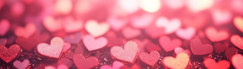 A vibrant background of scattered pink and red hearts creates a romantic, festive atmosphere perfect for celebrations.