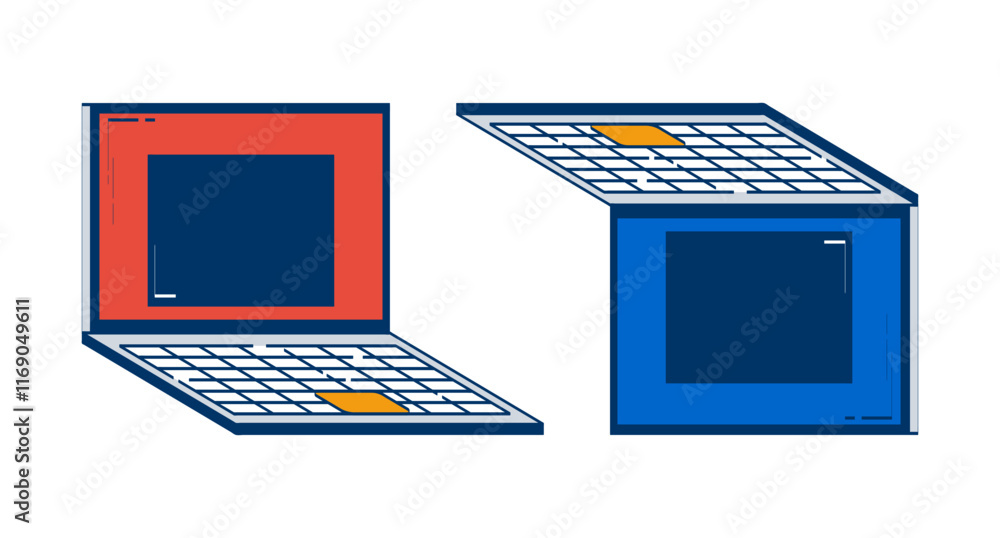 Poster two open laptops placed side by side 2d doodle objects set. notebooks with keyboards and touchpads c