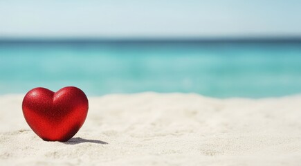 A red heart-shaped object sits on sandy beach, with clear turquoise water in the background, symbolizing love and tranquility.