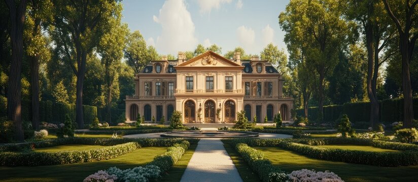 Breathtaking view of a magnificent palatial mansion surrounded by lush meticulously manicured formal gardens and serene tranquil parklands exuding an air of grandeur luxury and exclusivity
