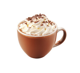 Warm beverage in a brown cup features rich hot chocolate topped with a generous swirl of whipped cream and sprinkled with chocolate shavings, perfect for cozy moments.
