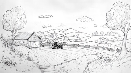 Obraz premium Rural Farm Scene with Tractor Barn and Rolling Hills