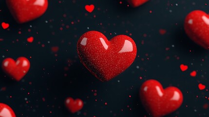 Red glossy hearts on dark background.