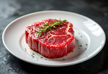 Raw beef steak on a white plate