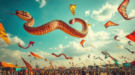 Obraz premium Colorful Snake Kites Soar Over Bustling Festival Scene