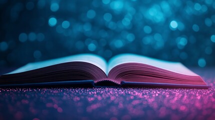 Open Book Against Shimmering Glitter Background, Soft Blue and Pink Light Effects Creating a Magical and Dreamy Atmosphere Ideal for Education and Inspiration Themes