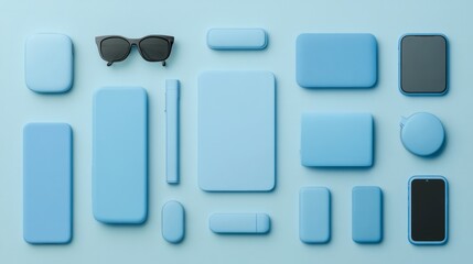 Collection of Blue Accessories and Gadgets on a Minimalist Surface for Creative and Lifestyle Concept Imagery