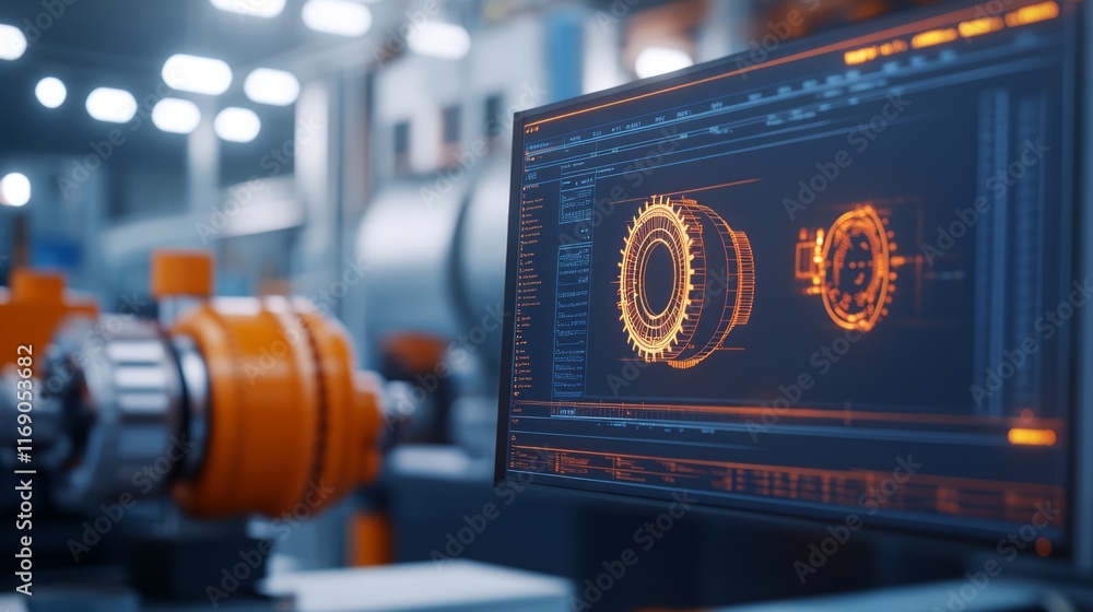 Poster high-tech industrial environment featuring a computer screen displaying mechanical engineering desig
