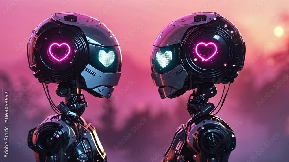 Aufkleber two advanced robots facing each other with glowing heart visuals in their eyes, set against a vivid,