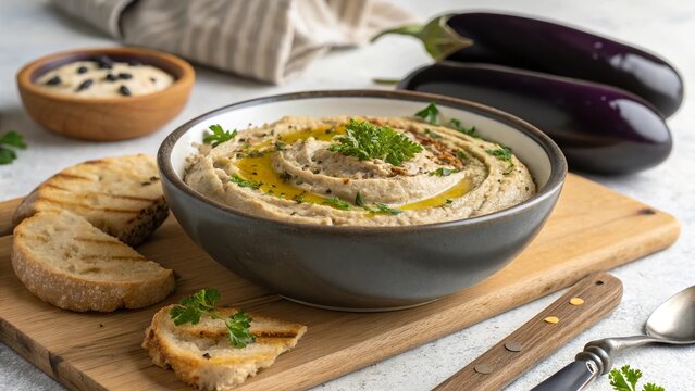 Delicious baba ganoush served with warm bread and garnished with herbs on a wooden board