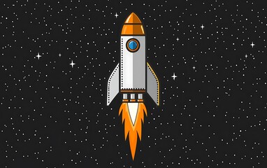 Retro rocket launching into starry night sky.