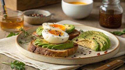 Enjoying a delightful breakfast plate with soft boiled egg and avocado on toasted bread