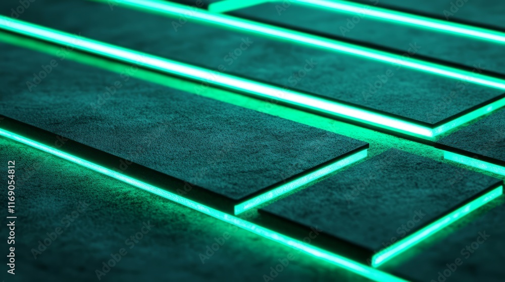 Poster Abstract green neon lighting effect on smooth textured surface with rectangular shapes creating a modern and futuristic design for background use