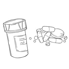 Vector sketch pills, tablet, capsule and package bottle isolated on white background. Hand drawn medical illustration. For print, web, design, decor, logo.