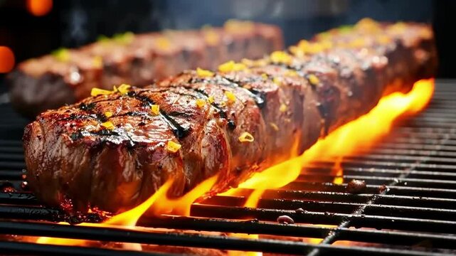 Juicy steaks grilling over flames with herbs and spices for mouthwatering flavor