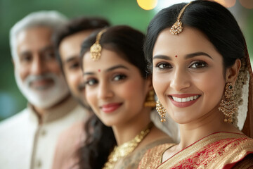 Fototapeta premium A close-up portrait shot of a traditional Diwali family featuring a couple and their elderly parents.