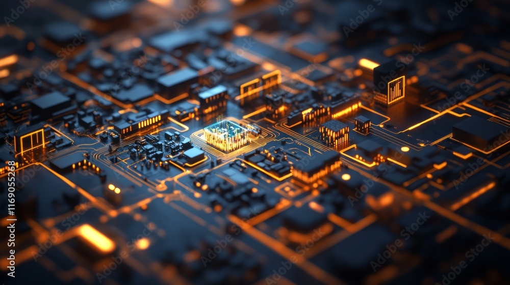 Poster abstract image of a futuristic circuit board with glowing connections and a central processing unit,