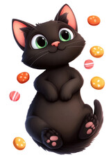 Obraz premium Cartoon cute black kitten lying on back surrounded by sweets isolated on white or transparent background, png clipart, design element. Easy to place on any other background.