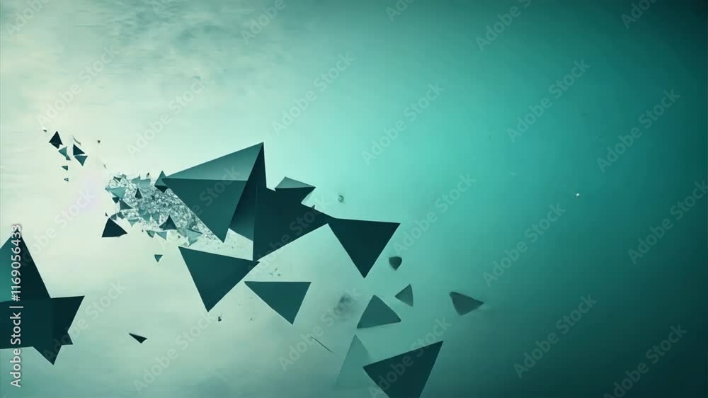 Poster dynamic abstract geometric shapes teal and gray triangles in motion, creating depth and energy with 