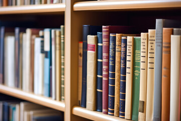 Fototapeta premium Diverse Collection of Books on Wooden Library Shelves