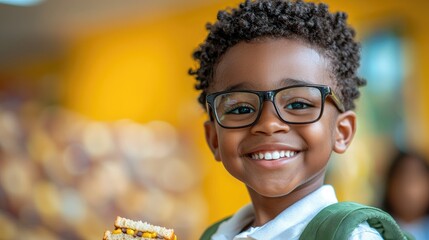Happy boy with glasses holding sandwich.