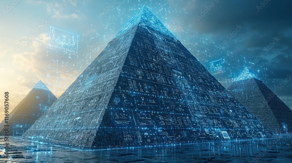 Poster futuristic pyramids with digital overlays and data streams.