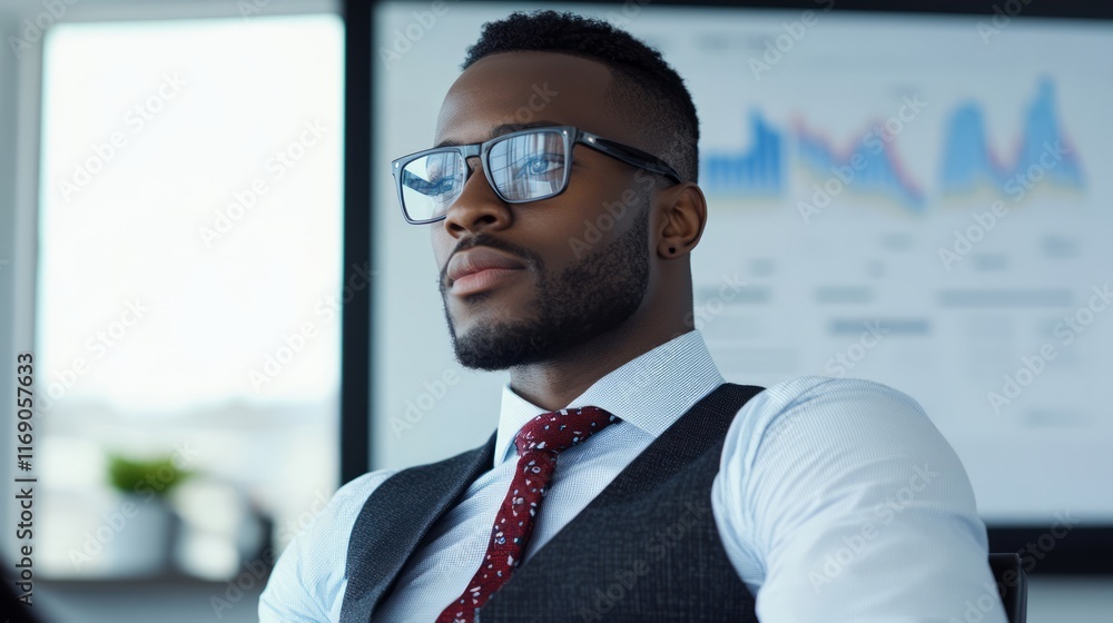 Poster professional black businessman in glasses deep in thought during a meeting in a modern office with c