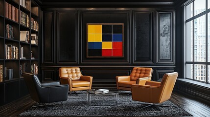 Modern office with leather chairs, bookshelves, and abstract art.
