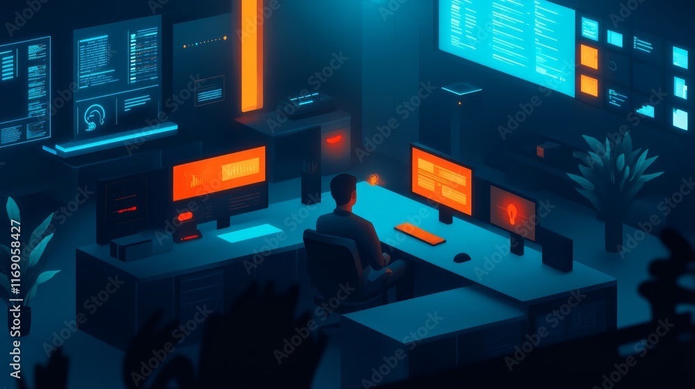 Poster futuristic control room with a focused operator surrounded by high-tech screens and digital interfac