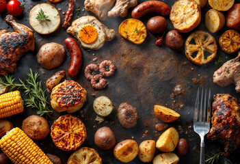 Top view a grilled assortment of meats and vegetables including chicken, sausages, corn on the cob, and roasted potatoes on a grill