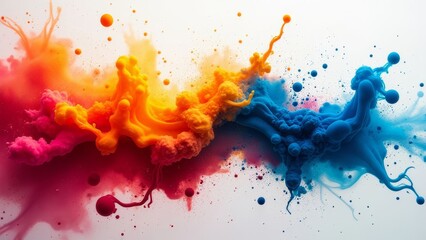 A Vivid Collision of Liquid Colors, An Abstract Dance of Red, Orange, and Blue Inks Creating a Dynamic and Splattered Effect Against a White Backdrop