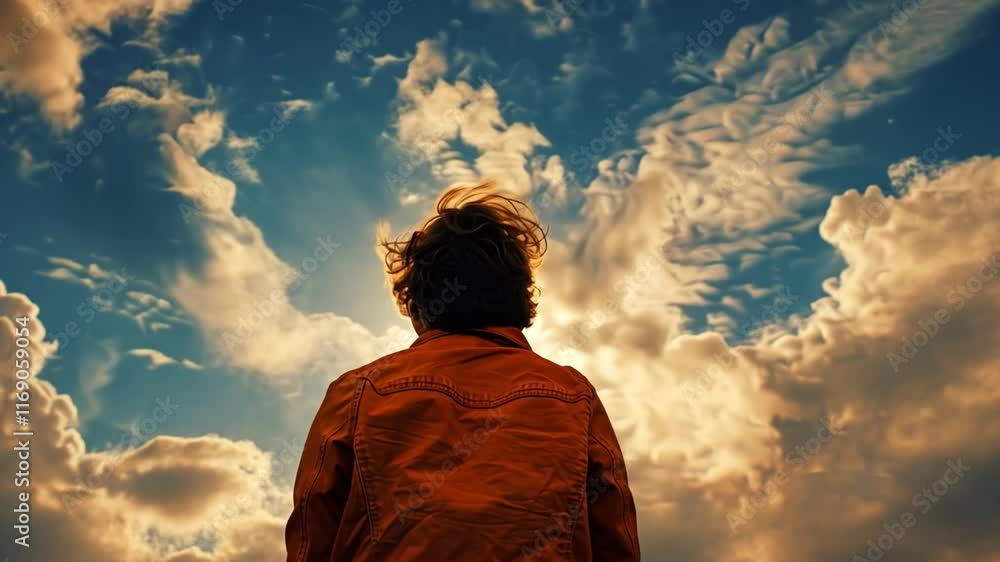 Poster a person stands with their back facing the horizon, gazing at a dynamic sky filled with clouds durin