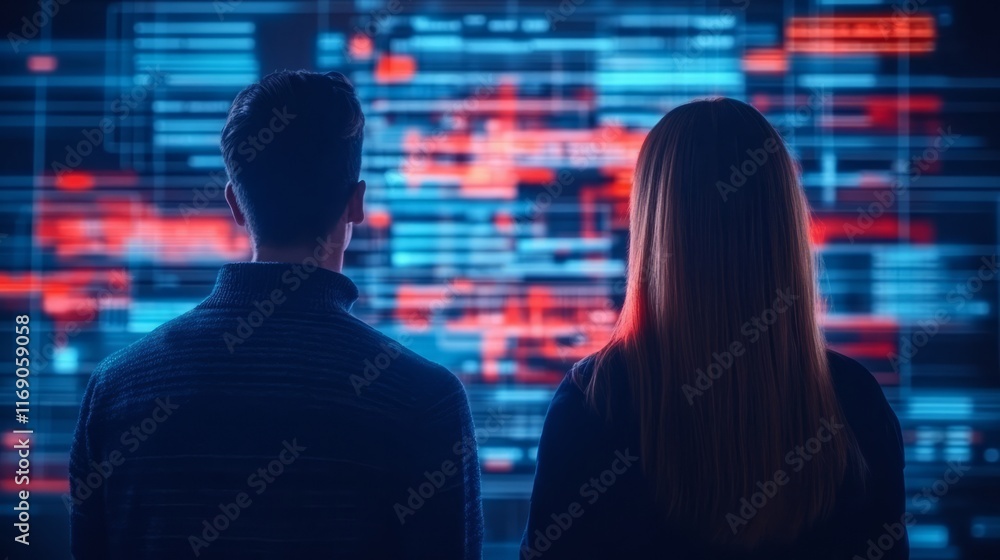 Poster two individuals observing a digital interface illuminated with vibrant blue and red data patterns, r