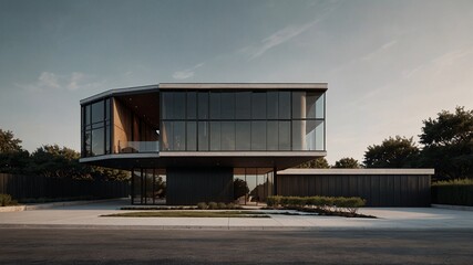 Obraz premium Modern Architectural Masterpiece: A contemporary home with sleek lines, expansive glass windows, and a geometric design, showcasing the beauty of minimalist architecture in a picturesque setting. 