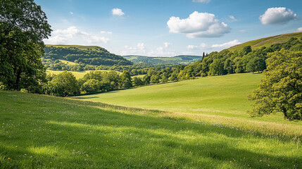 Obraz premium Beautiful rolling hills under a clear blue sky in a vibrant green landscape in summer