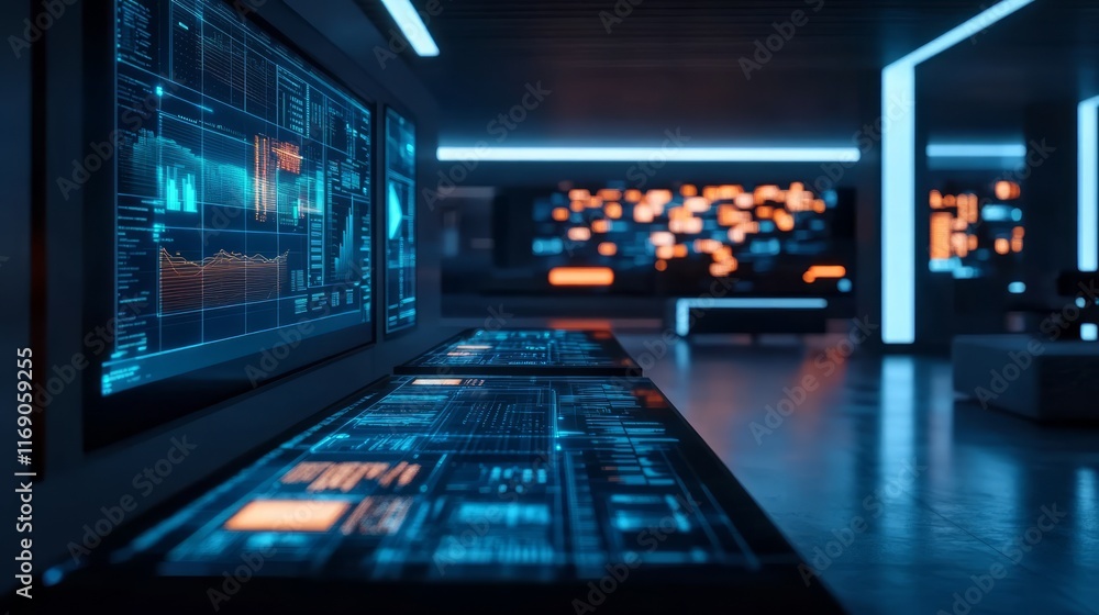 Poster futuristic control room with sleek displays and data visualizations in a modern setting, showcasing 